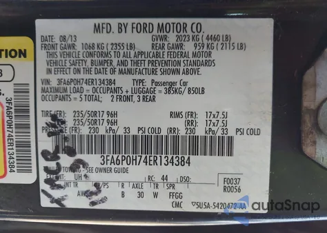 2014 Ford Fusion Se из США, поврежденный, VIN 3FA6P0H74ER134384